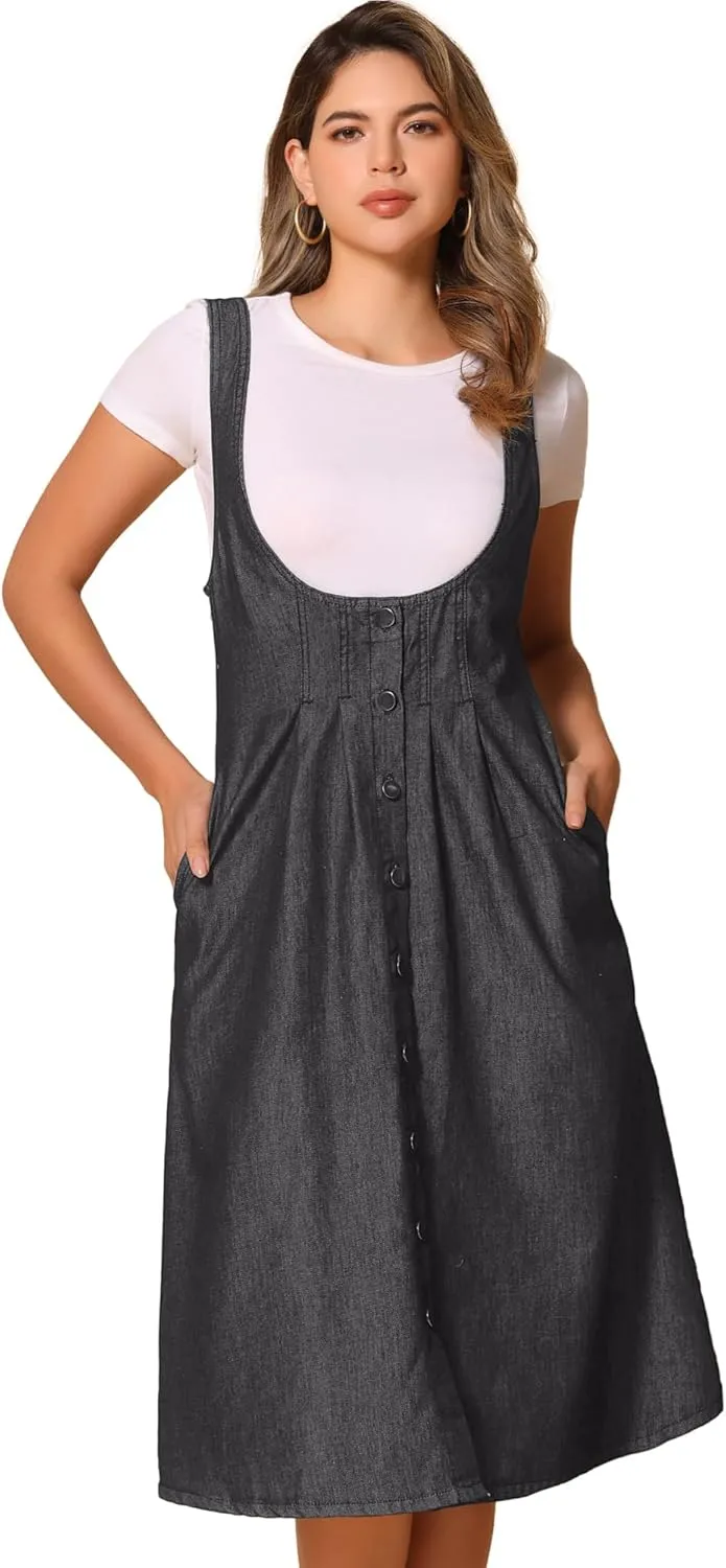 Allegra K Suspender Dress for Women's Button Front Classic U Neck Overall Denim Midi Dress with Pockets