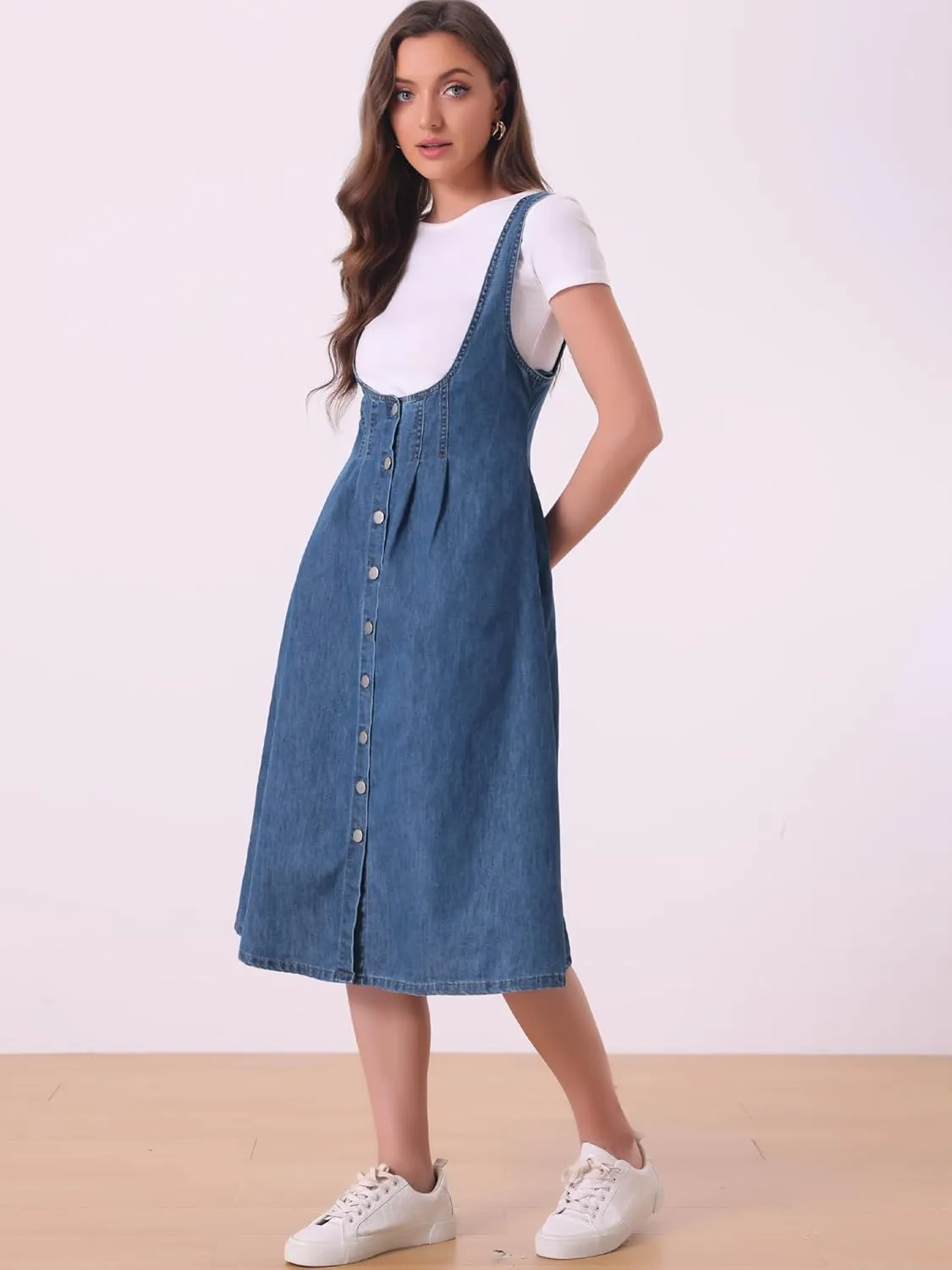 Allegra K Suspender Dress for Women's Button Front Classic U Neck Overall Denim Midi Dress with Pockets