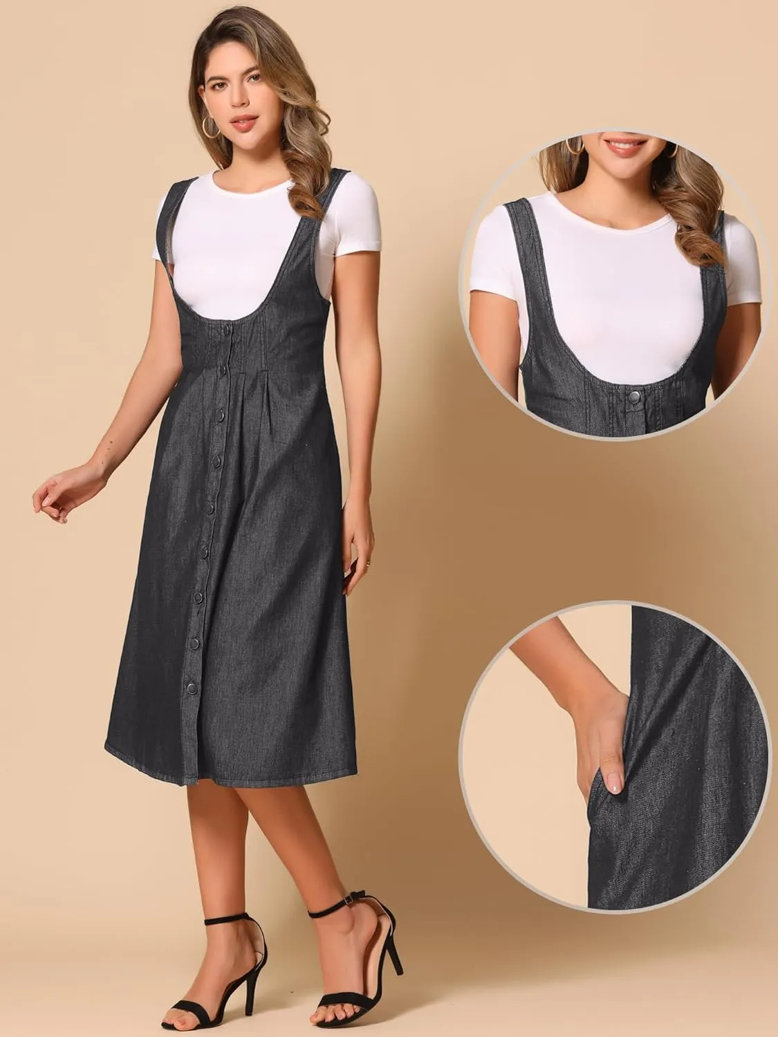 Allegra K Suspender Dress for Women's Button Front Classic U Neck Overall Denim Midi Dress with Pockets