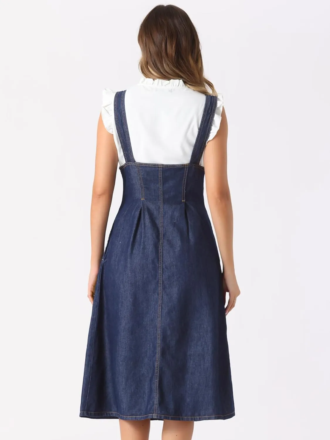 Allegra K Suspender Dress for Women's Button Front Classic U Neck Overall Denim Midi Dress with Pockets