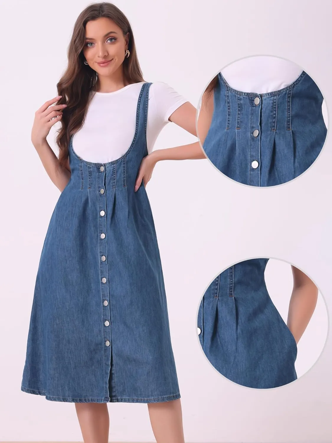 Allegra K Suspender Dress for Women's Button Front Classic U Neck Overall Denim Midi Dress with Pockets