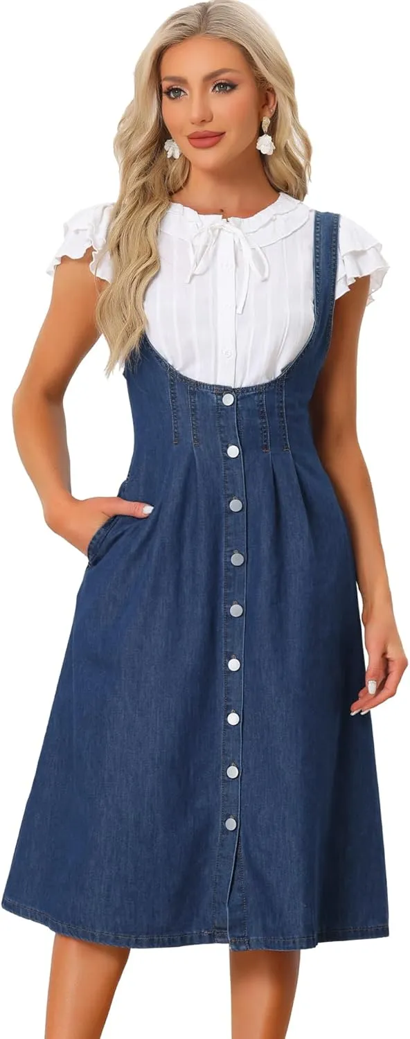 Allegra K Suspender Dress for Women's Button Front Classic U Neck Overall Denim Midi Dress with Pockets