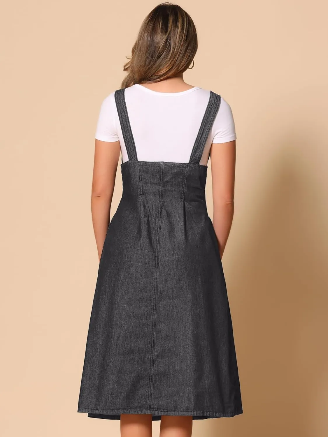 Allegra K Suspender Dress for Women's Button Front Classic U Neck Overall Denim Midi Dress with Pockets