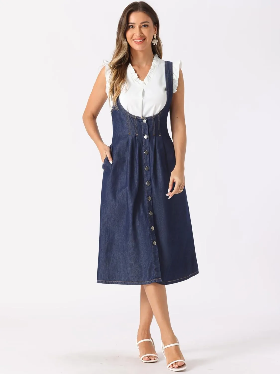 Allegra K Suspender Dress for Women's Button Front Classic U Neck Overall Denim Midi Dress with Pockets