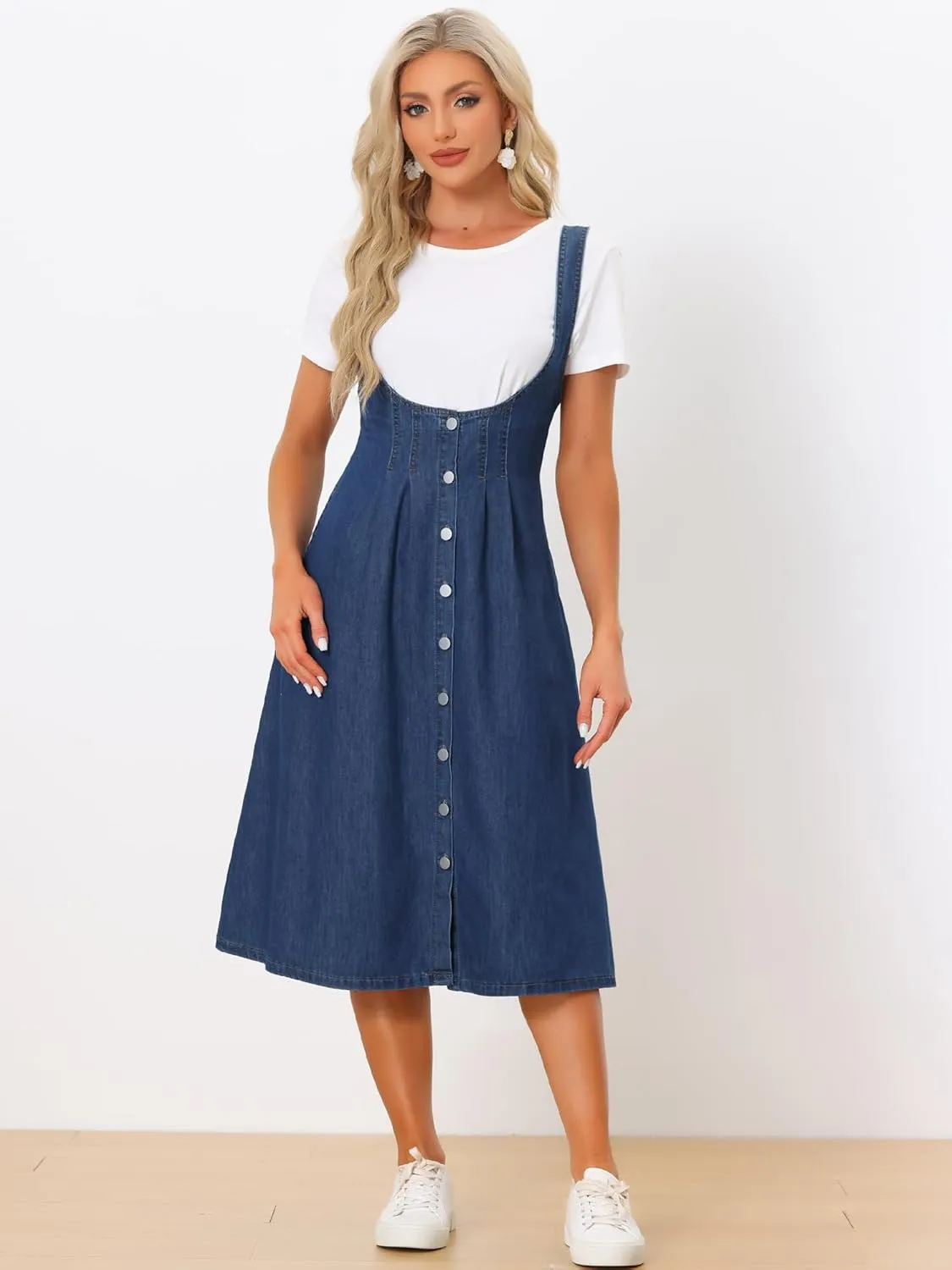 Allegra K Suspender Dress for Women's Button Front Classic U Neck Overall Denim Midi Dress with Pockets
