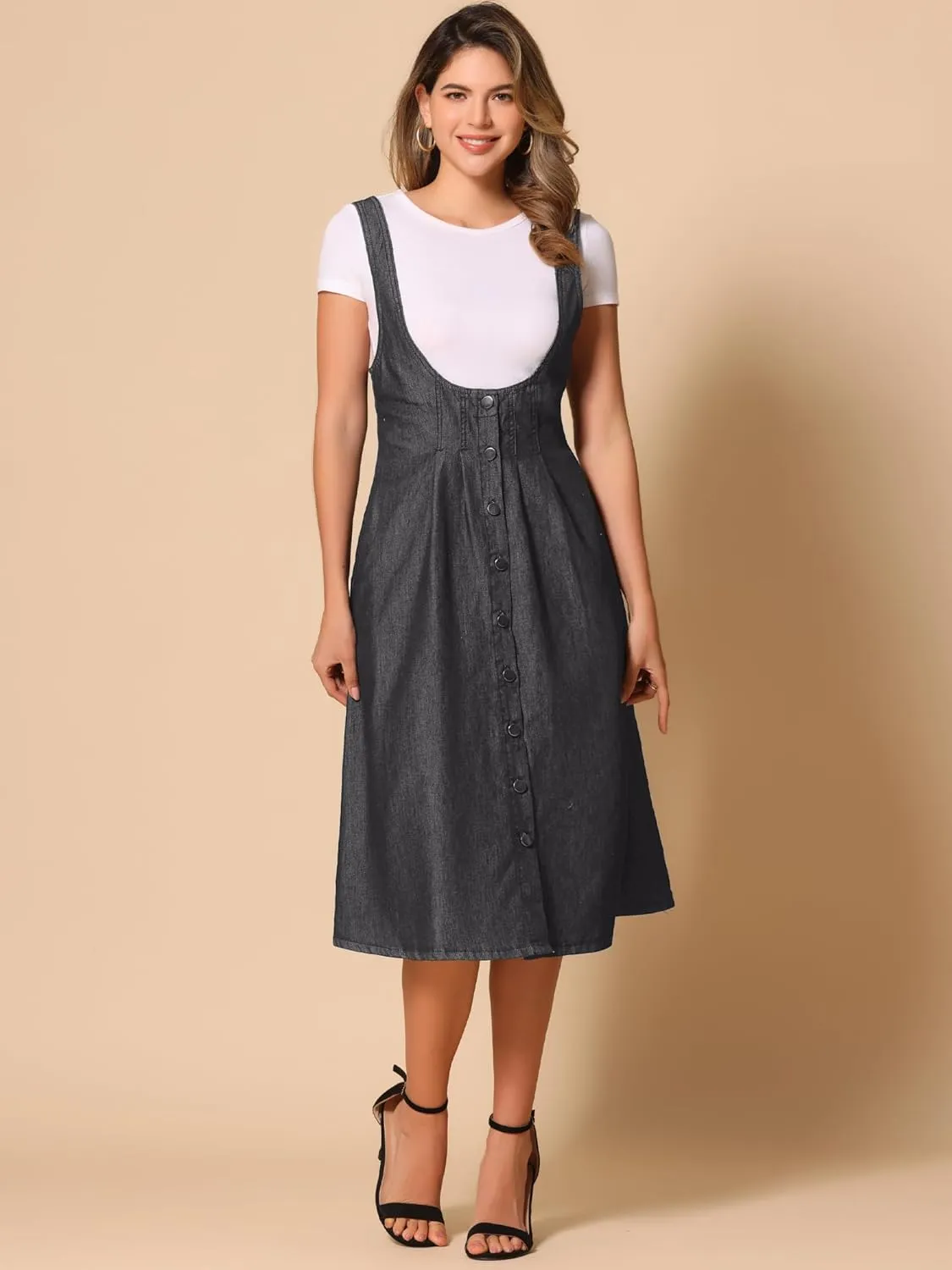 Allegra K Suspender Dress for Women's Button Front Classic U Neck Overall Denim Midi Dress with Pockets
