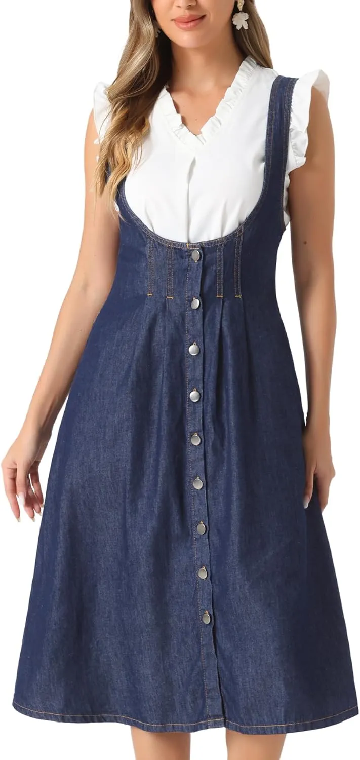 Allegra K Suspender Dress for Women's Button Front Classic U Neck Overall Denim Midi Dress with Pockets