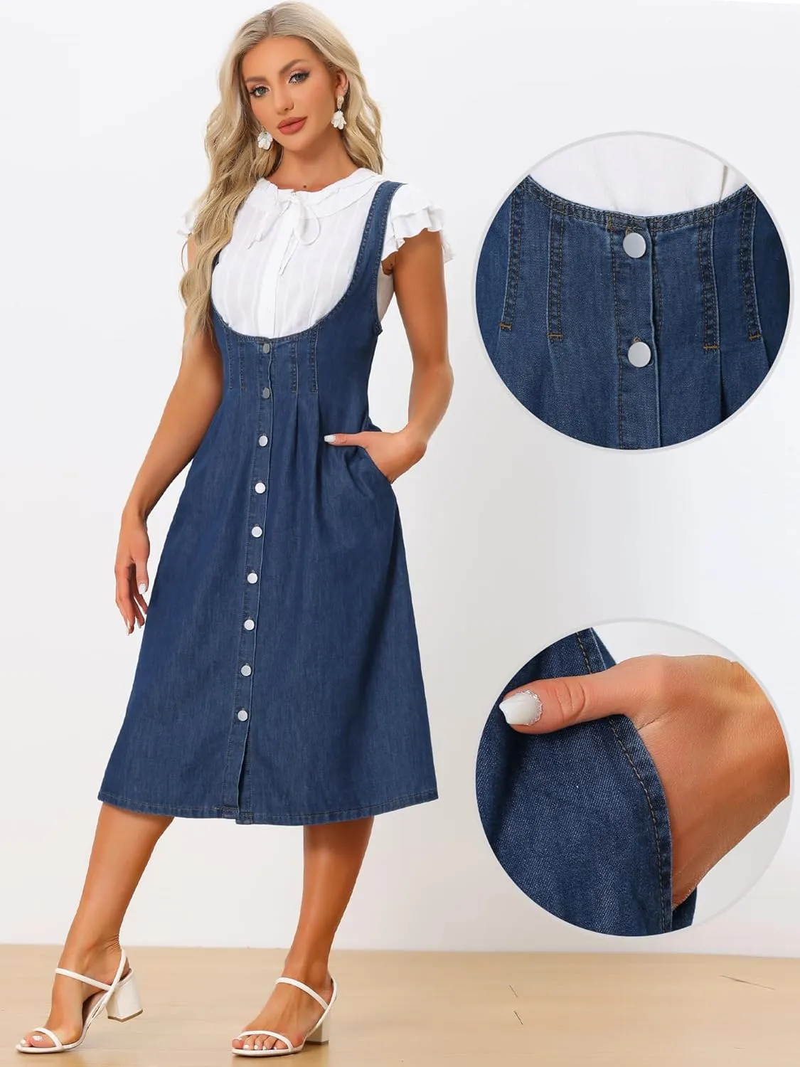 Allegra K Suspender Dress for Women's Button Front Classic U Neck Overall Denim Midi Dress with Pockets