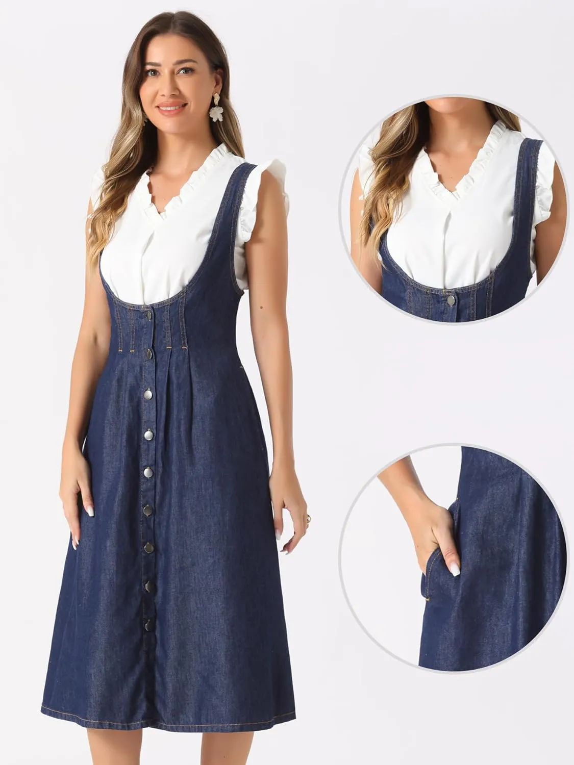Allegra K Suspender Dress for Women's Button Front Classic U Neck Overall Denim Midi Dress with Pockets