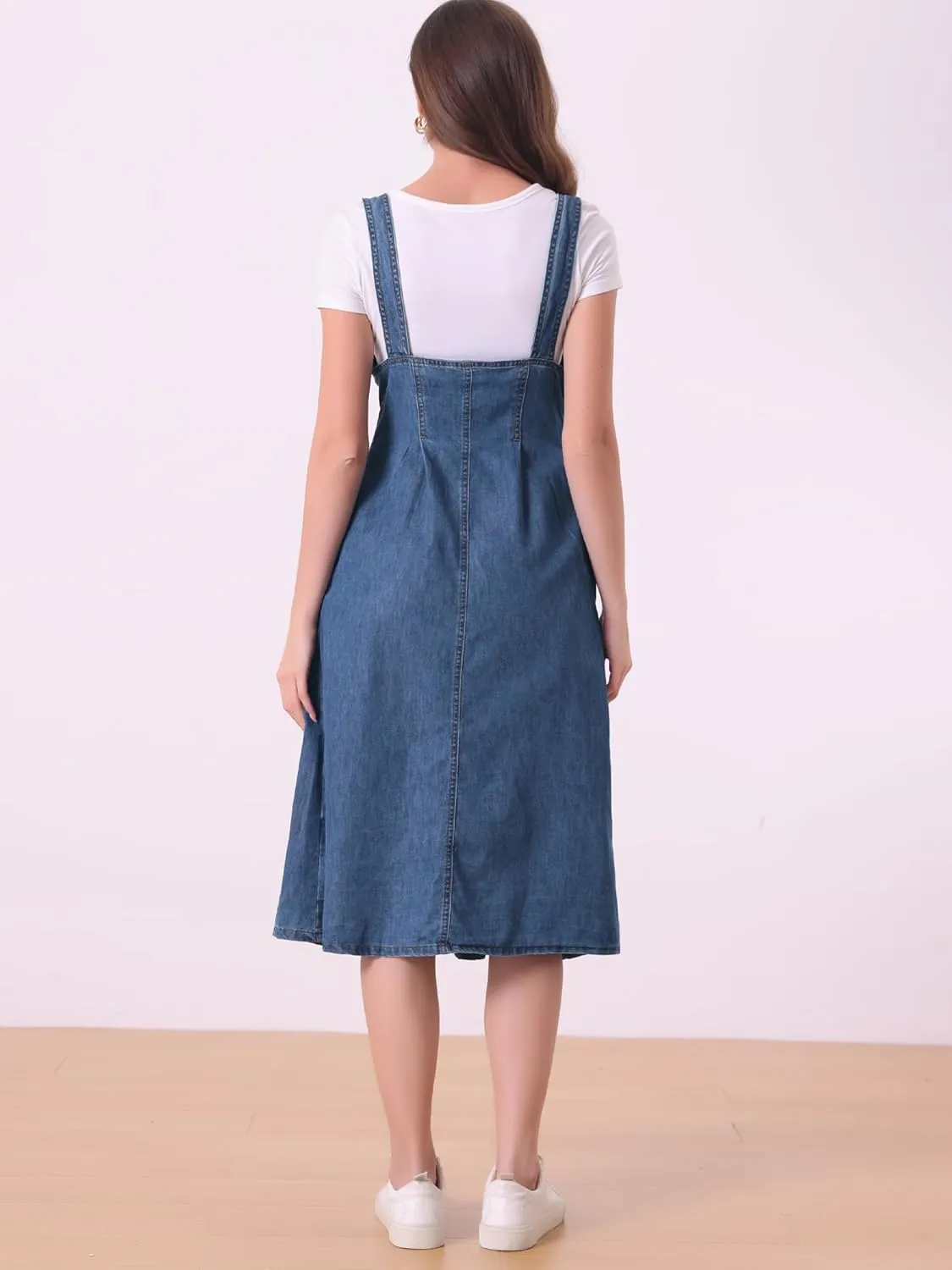 Allegra K Suspender Dress for Women's Button Front Classic U Neck Overall Denim Midi Dress with Pockets