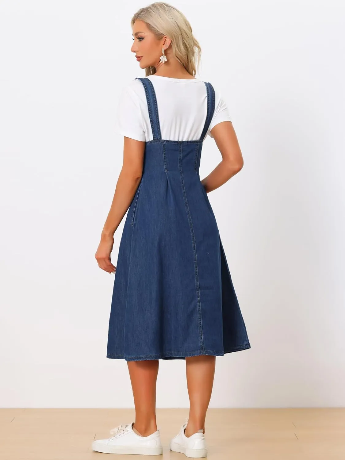 Allegra K Suspender Dress for Women's Button Front Classic U Neck Overall Denim Midi Dress with Pockets