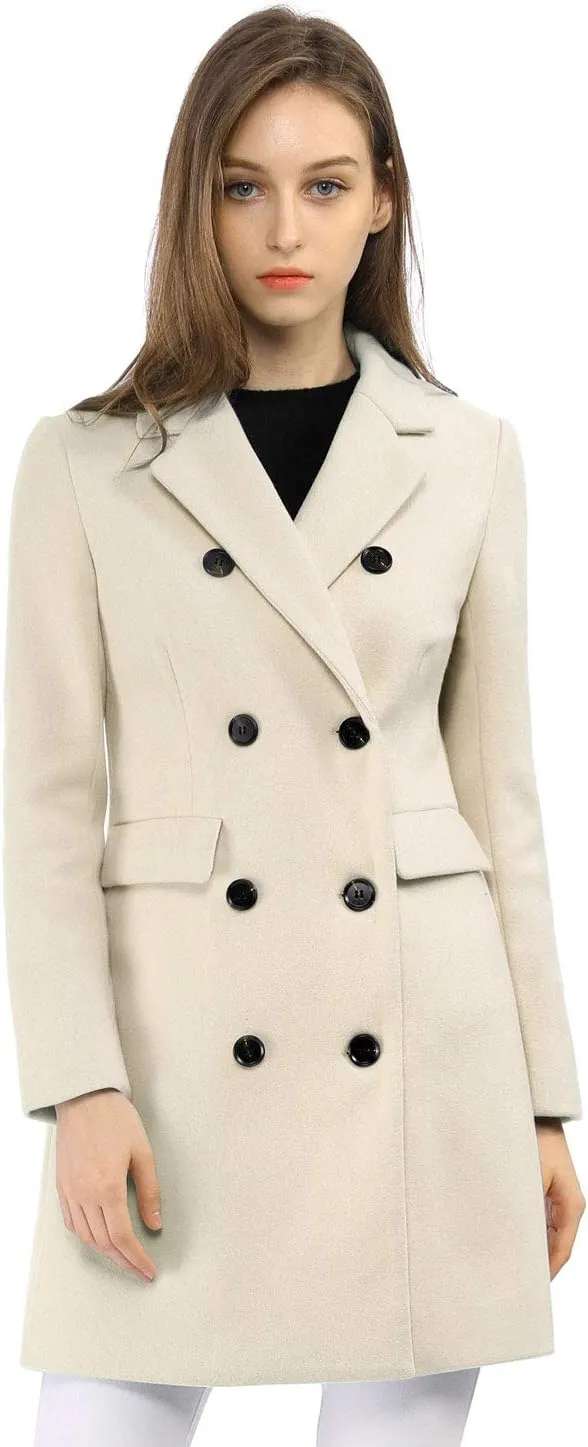 Allegra K Women's Winter Coat Elegant Notched Lapel Double Breasted Trench Coat