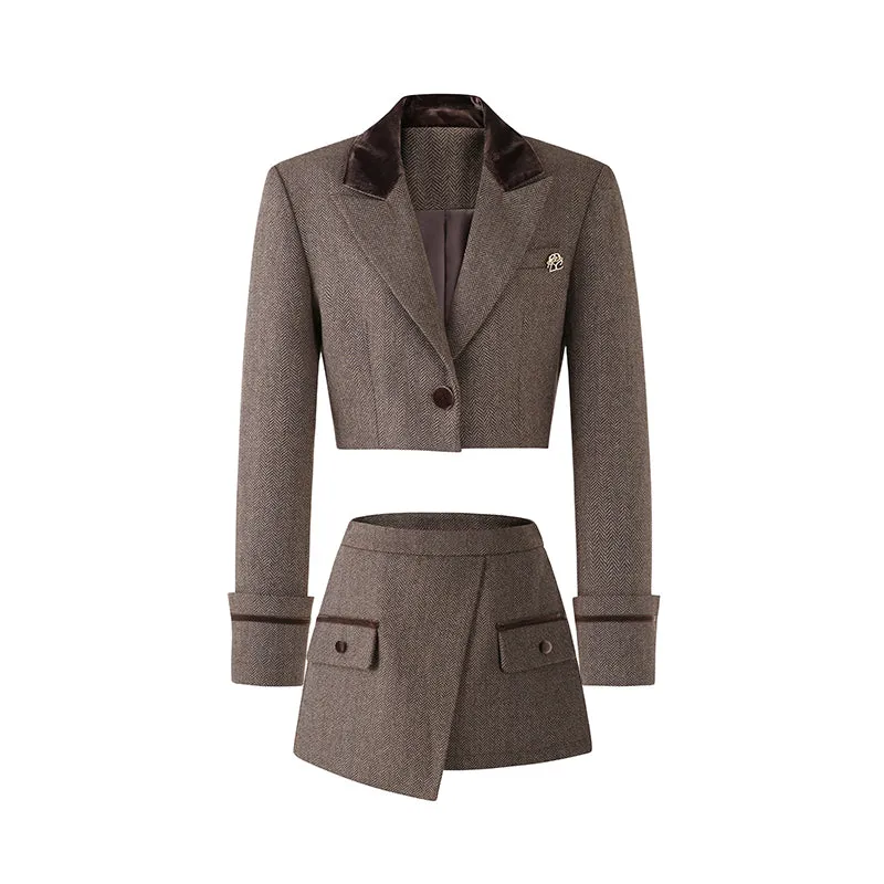 Brown Blazer & Asymmetrical Skirt Set