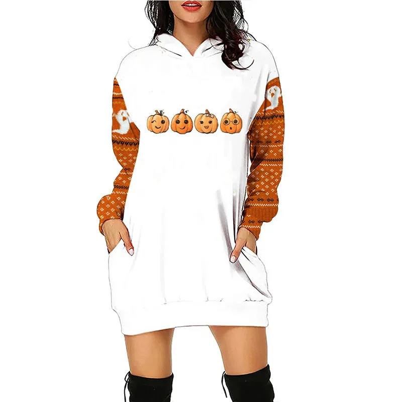 Carina Women Halloween Pumpkin Print Hoodie Dress