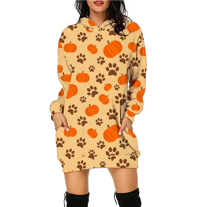 Carina Women Halloween Pumpkin Print Hoodie Dress