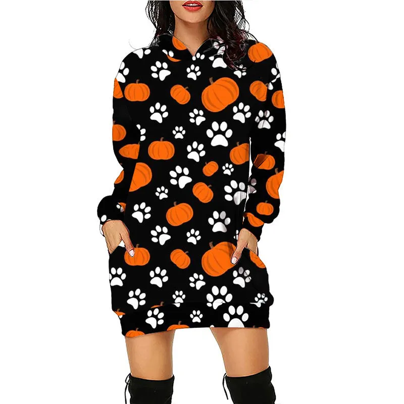 Carina Women Halloween Pumpkin Print Hoodie Dress