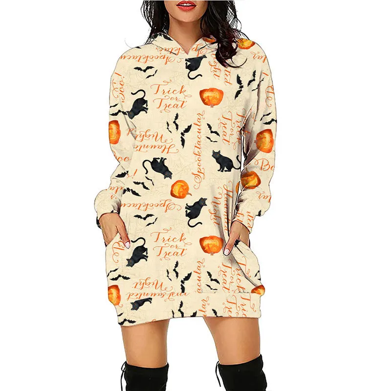 Carina Women Halloween Pumpkin Print Hoodie Dress