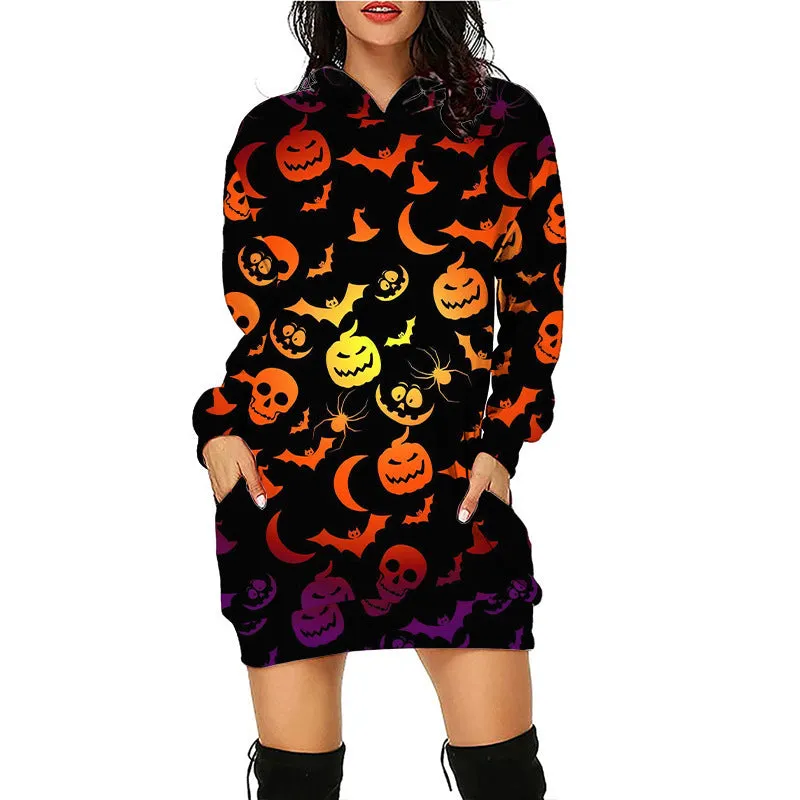Carina Women Halloween Pumpkin Print Hoodie Dress