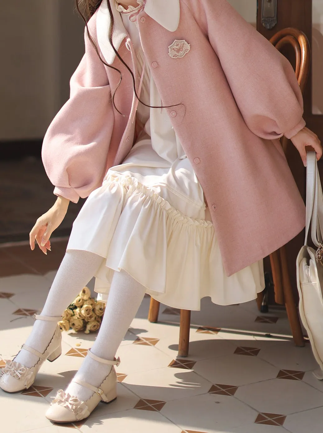 Collar Doll Lolita Coat   Off-White   Pink Frilled Dress Badge