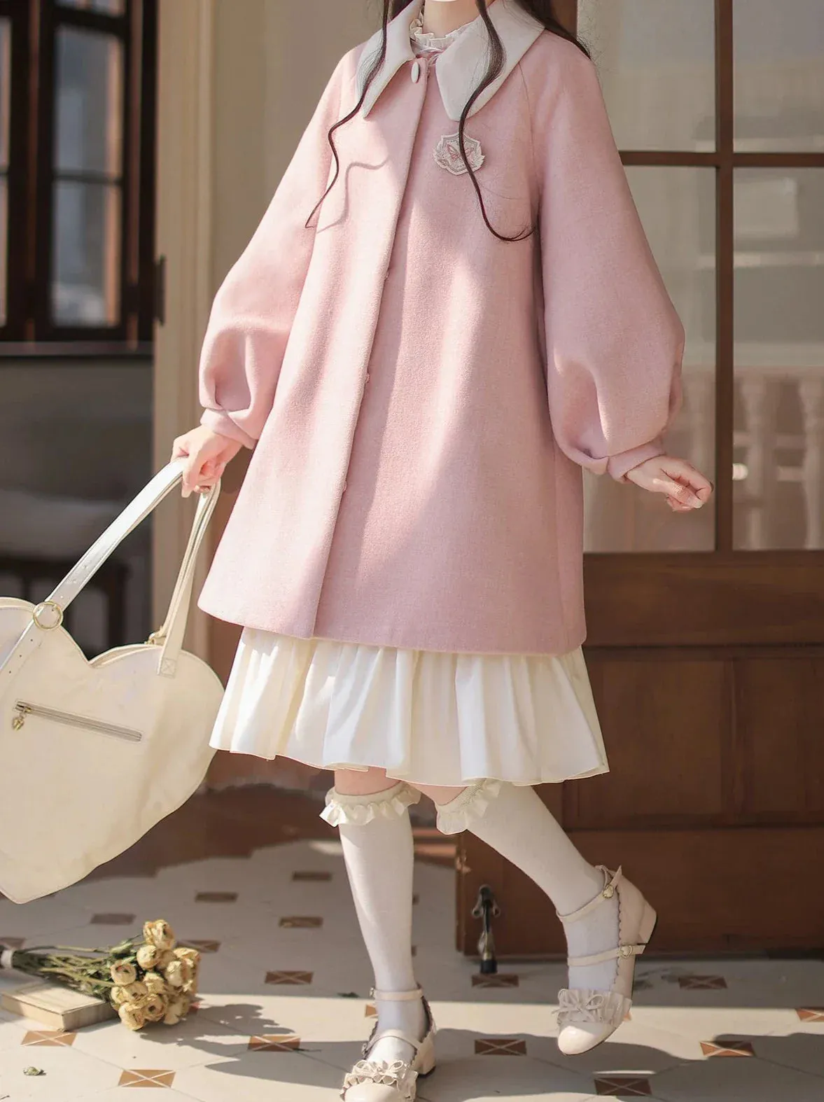 Collar Doll Lolita Coat   Off-White   Pink Frilled Dress Badge