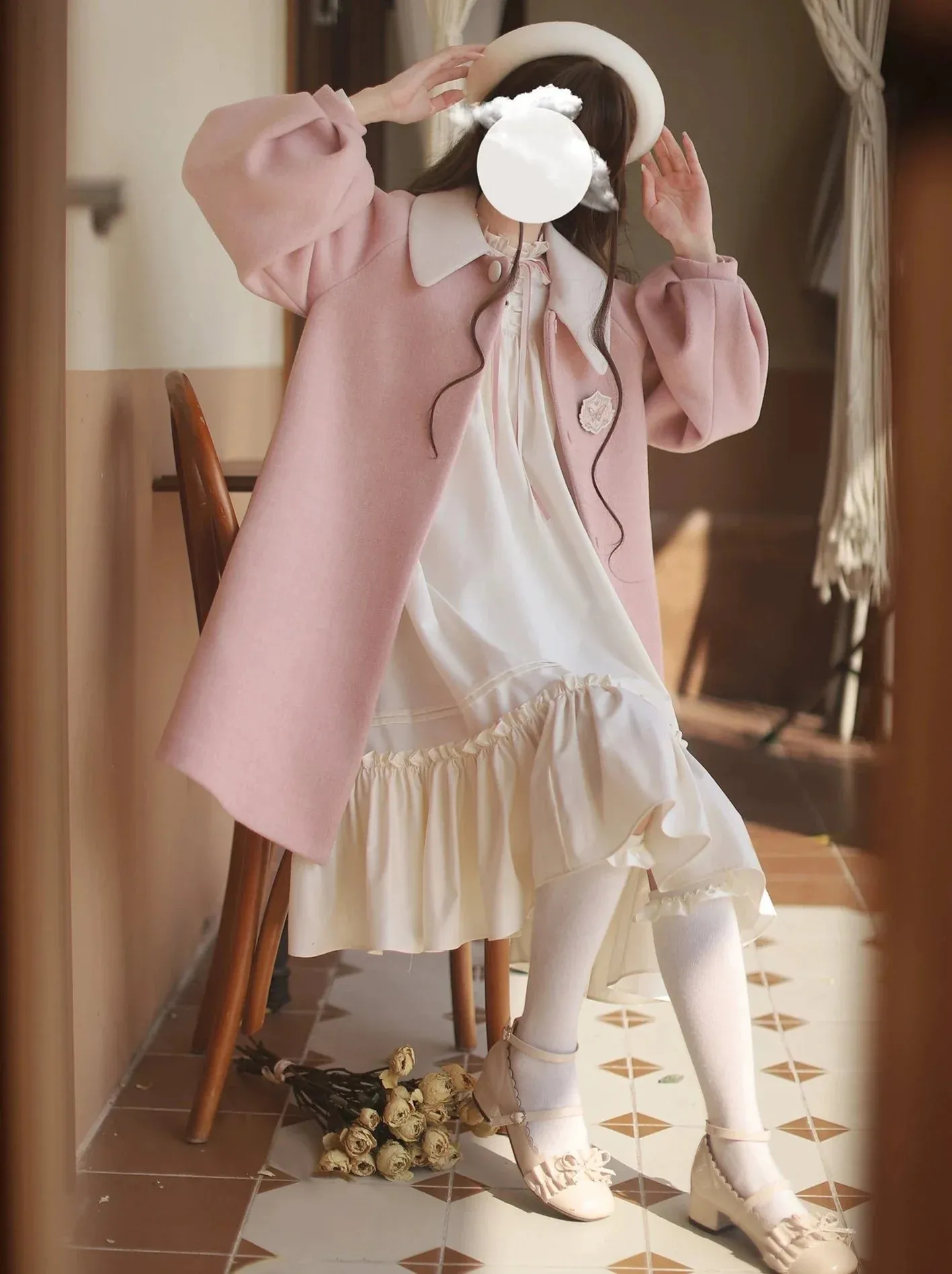 Collar Doll Lolita Coat   Off-White   Pink Frilled Dress Badge