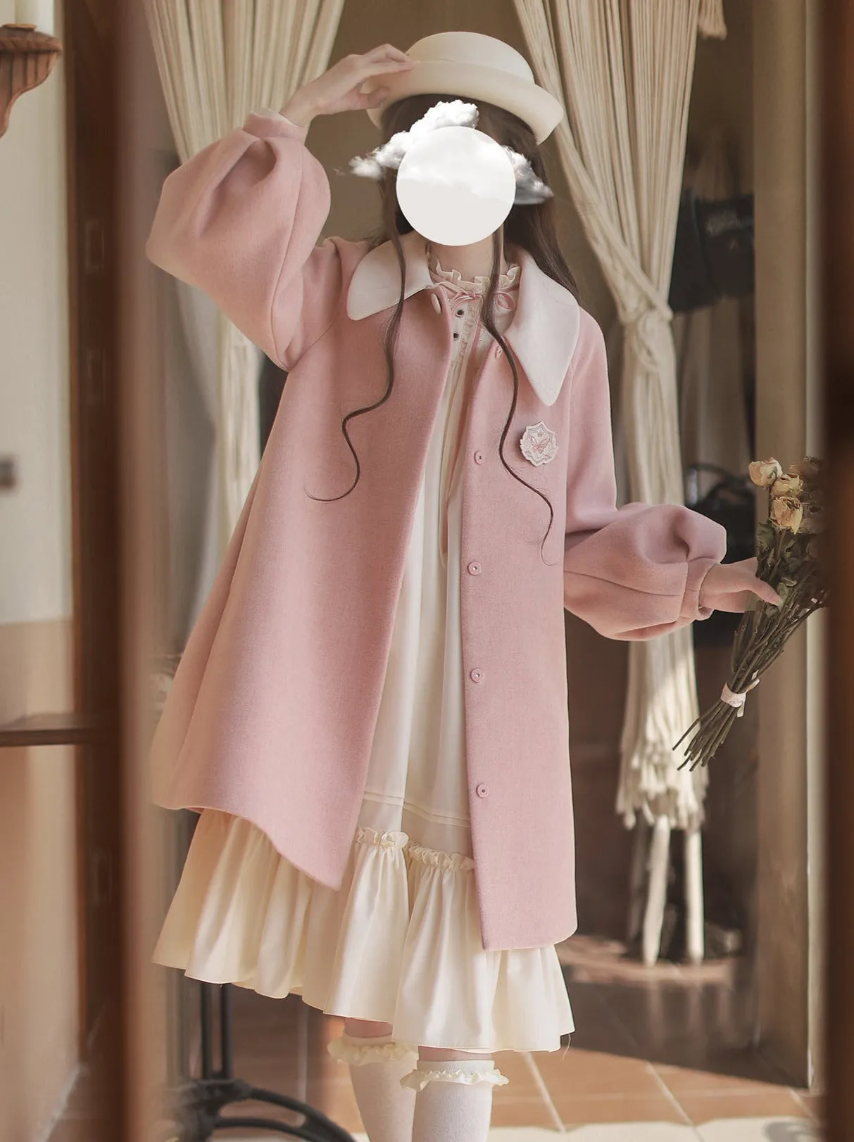 Collar Doll Lolita Coat   Off-White   Pink Frilled Dress Badge