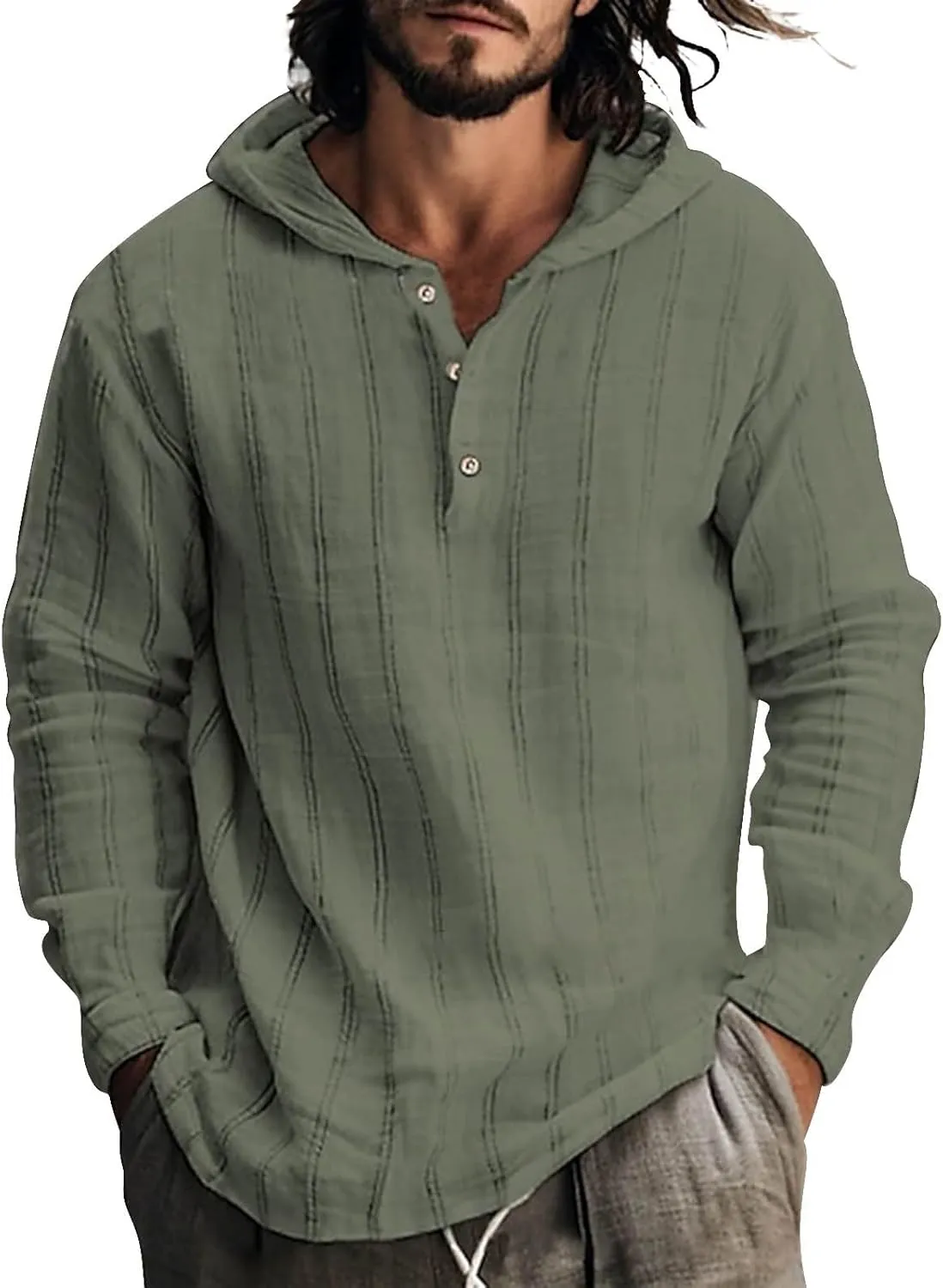 Cotton Linen Hoodies for Men Drawstring Hooded Button Down Beach Hippie Shirts Casual Lightweight Cotton Tee Shirts Tops