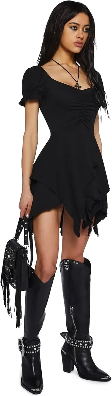 Dolls Kill Chasin' Rainbows Mini Dress by Current Mood – Stretch Jersey Dress, Asymmetrical Handkerchief Hem for Boho Fashion