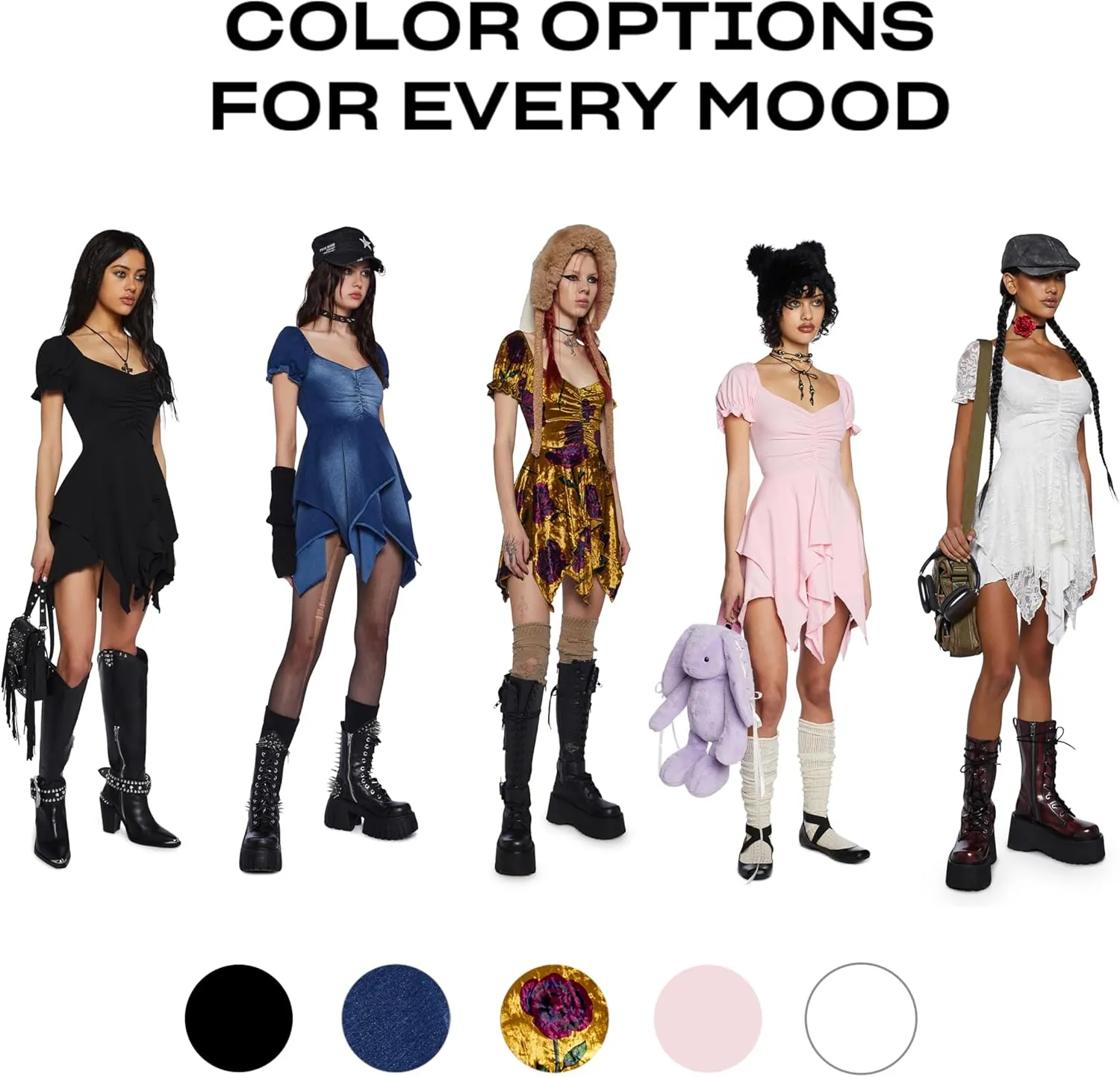 Dolls Kill Chasin' Rainbows Mini Dress by Current Mood – Stretch Jersey Dress, Asymmetrical Handkerchief Hem for Boho Fashion