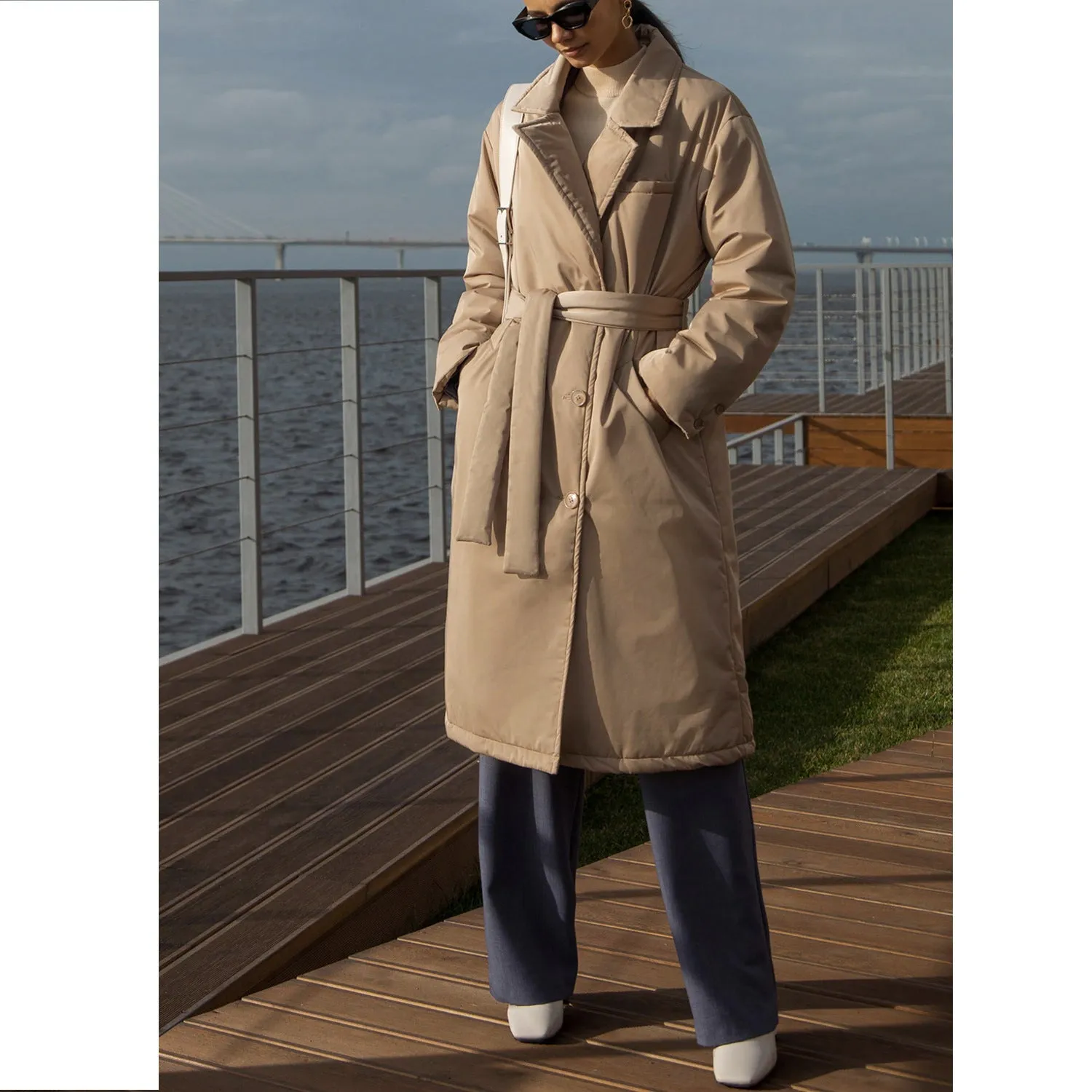 Elegant Temperament Long Cotton Jacket With Belt