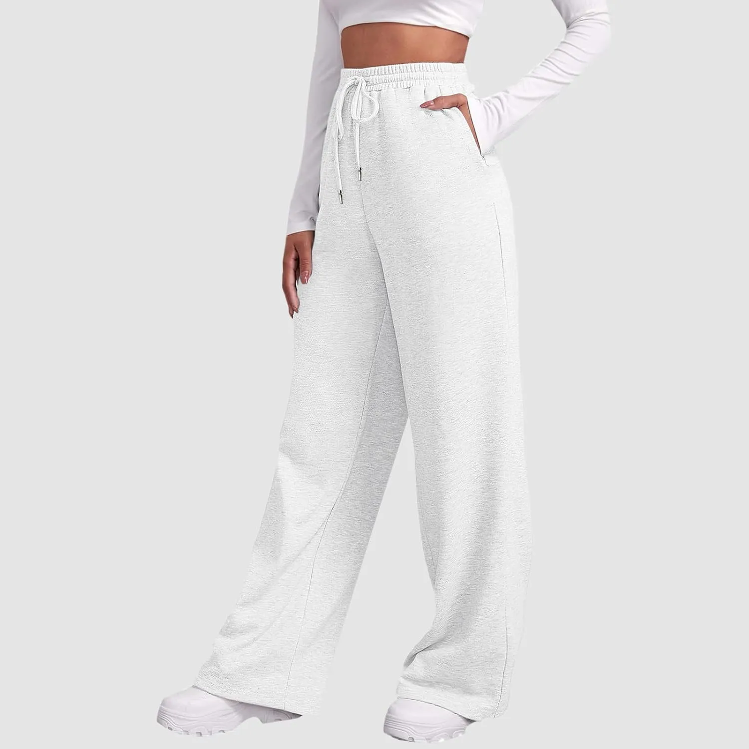 Fleece Lined Sweatpants for Women Elastic High Waist Wide Leg Joggers Pants Drawstring Soft Casual Trouser with Pocket