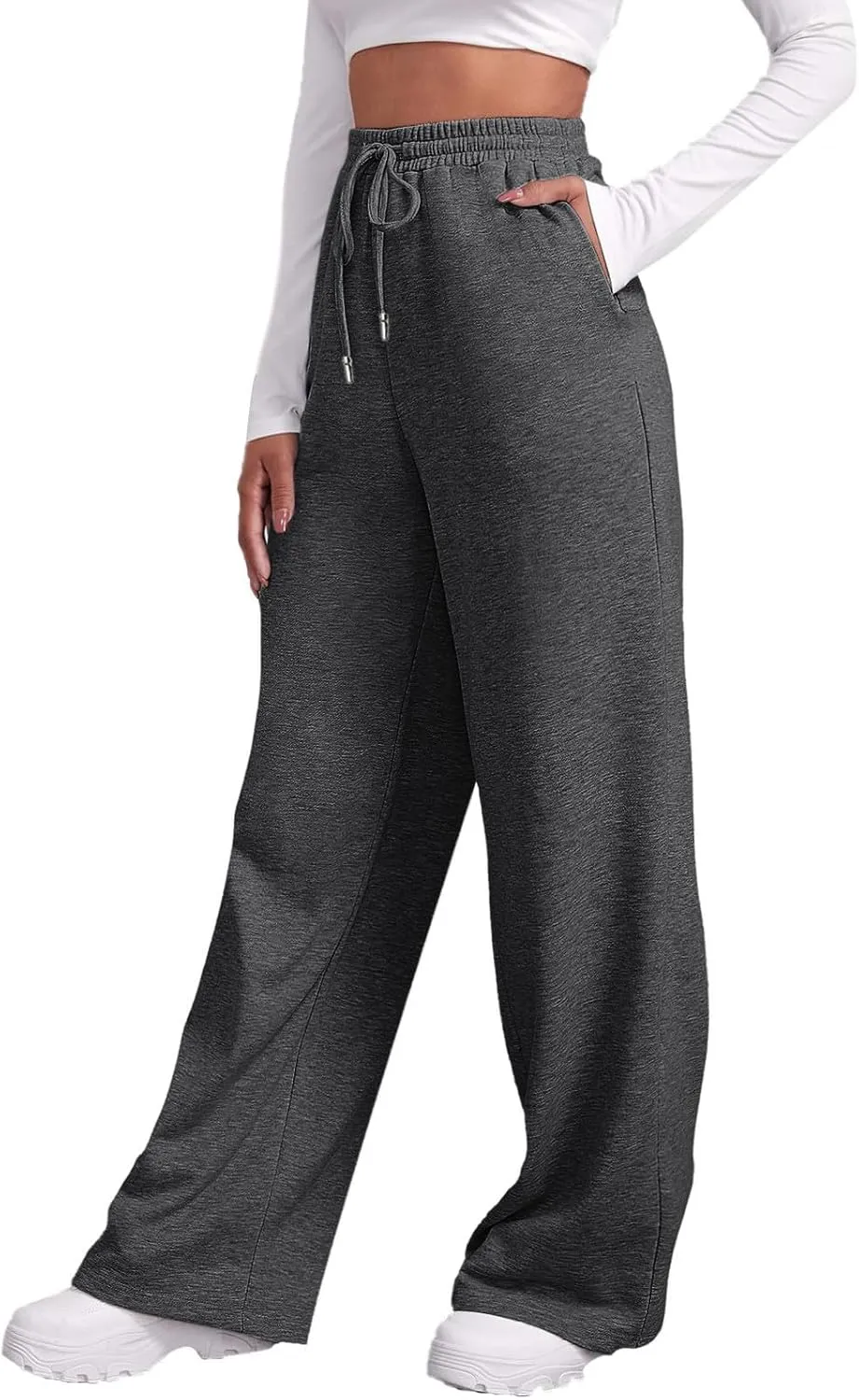 Fleece Lined Sweatpants for Women Elastic High Waist Wide Leg Joggers Pants Drawstring Soft Casual Trouser with Pocket