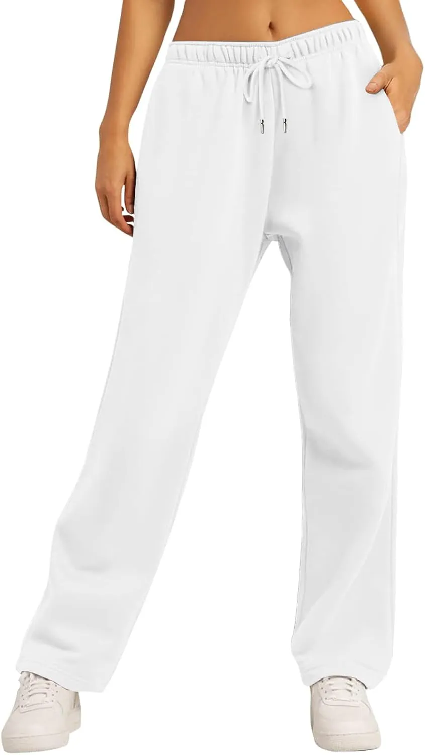 Fleece Lined Sweatpants for Women Elastic High Waist Wide Leg Joggers Pants Drawstring Soft Casual Trouser with Pocket