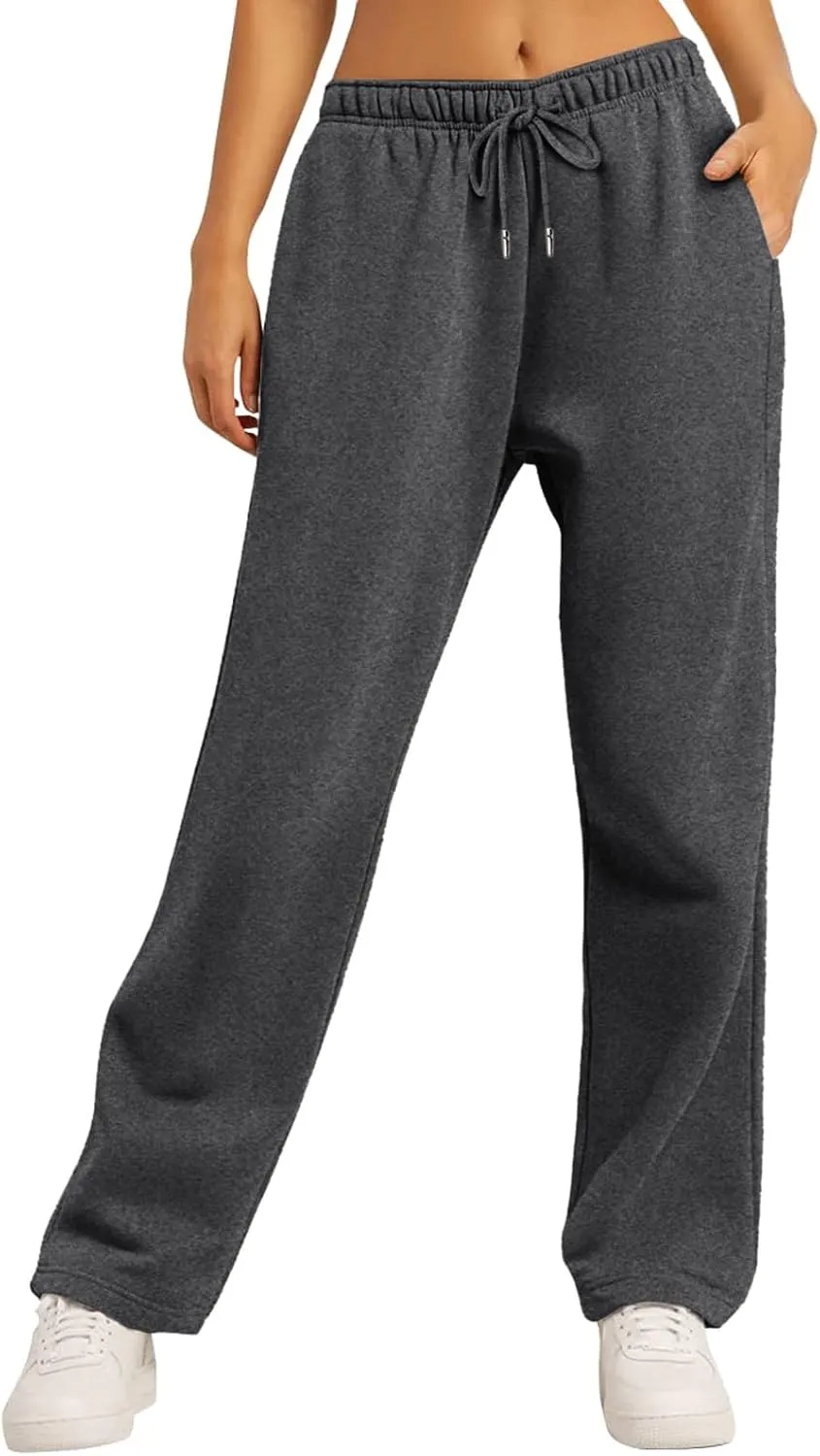 Fleece Lined Sweatpants for Women Elastic High Waist Wide Leg Joggers Pants Drawstring Soft Casual Trouser with Pocket