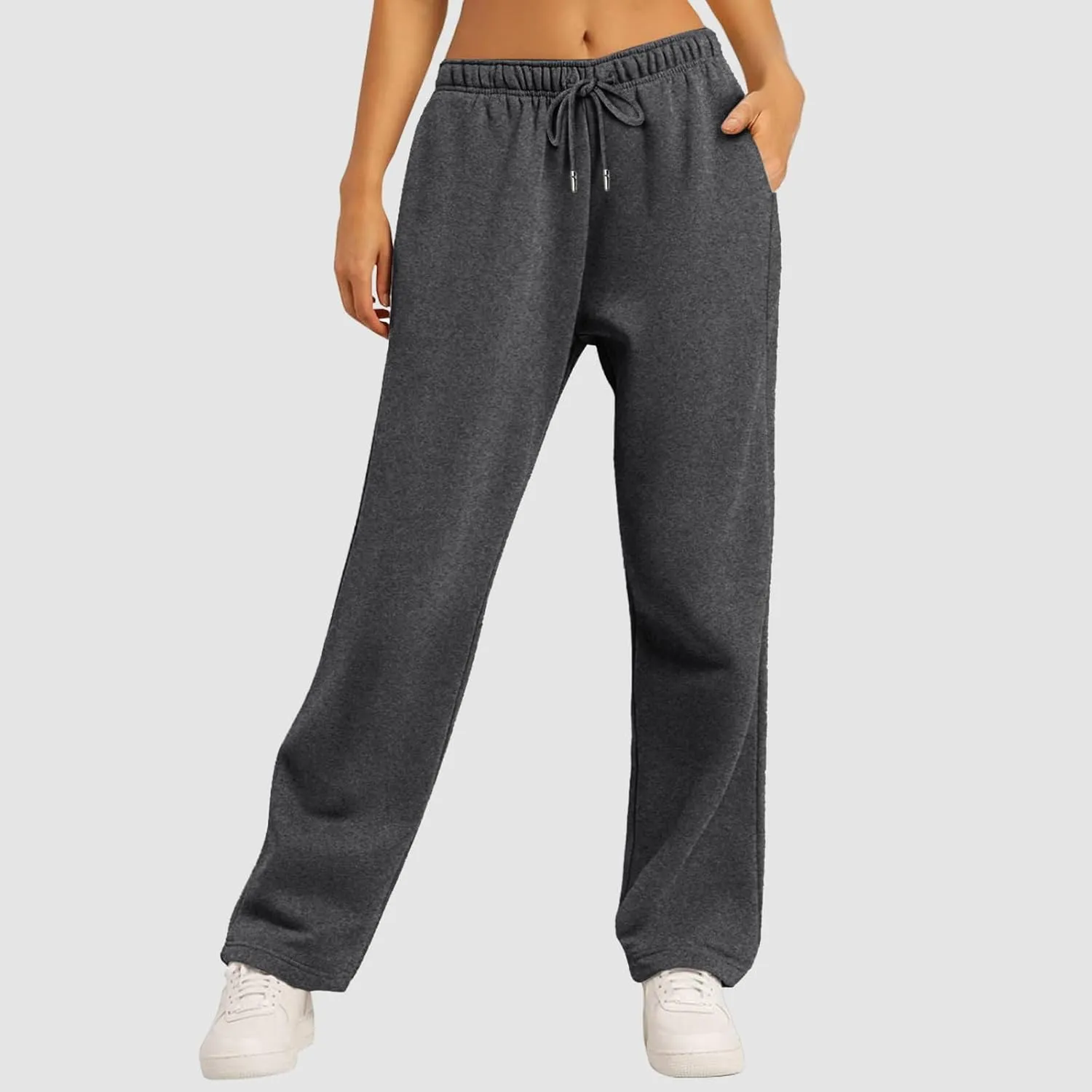 Fleece Lined Sweatpants for Women Elastic High Waist Wide Leg Joggers Pants Drawstring Soft Casual Trouser with Pocket