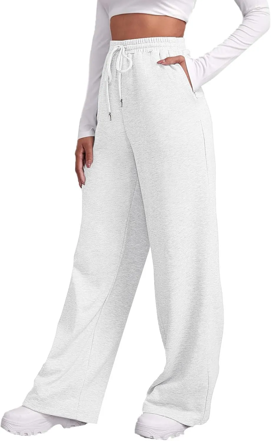 Fleece Lined Sweatpants for Women Elastic High Waist Wide Leg Joggers Pants Drawstring Soft Casual Trouser with Pocket