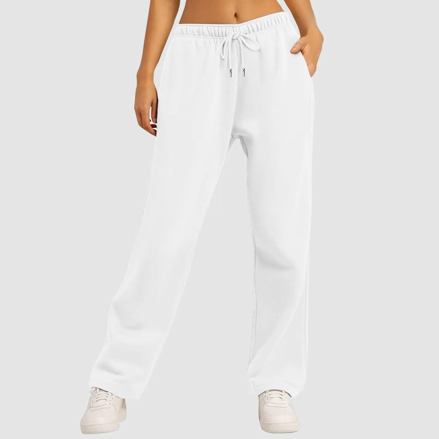 Fleece Lined Sweatpants for Women Elastic High Waist Wide Leg Joggers Pants Drawstring Soft Casual Trouser with Pocket