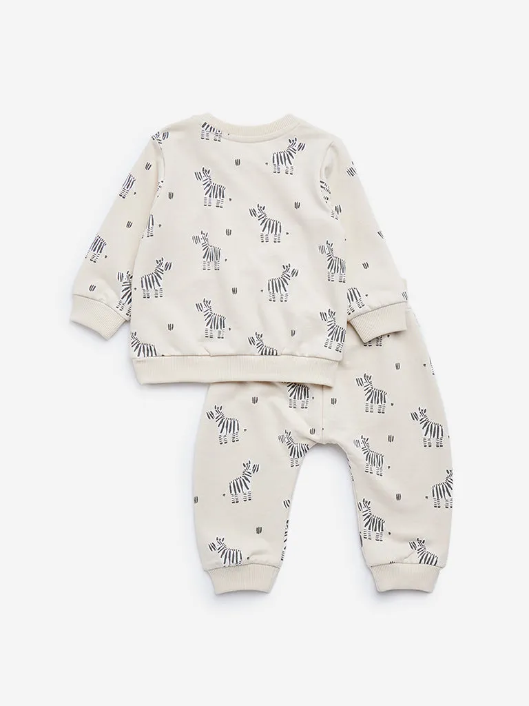 HOP Baby Off-White Printed Cotton Sweatshirt & Joggers Set