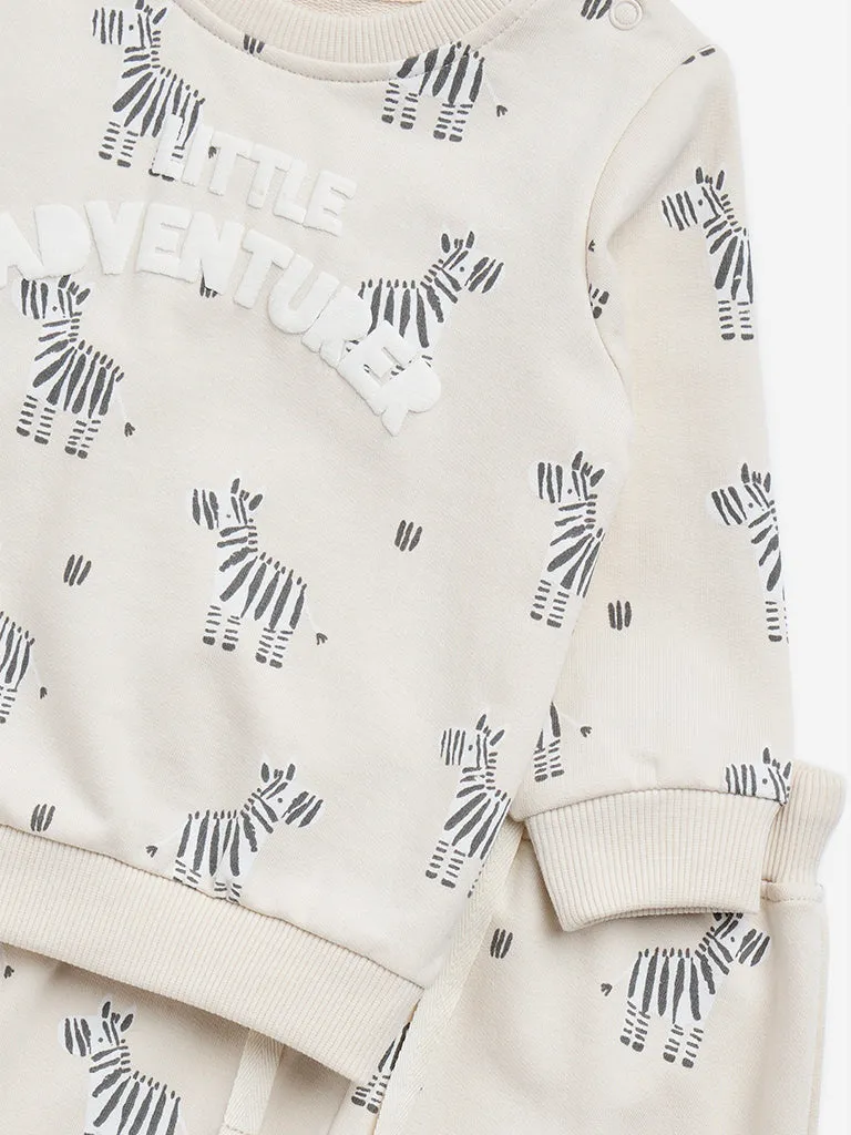 HOP Baby Off-White Printed Cotton Sweatshirt & Joggers Set