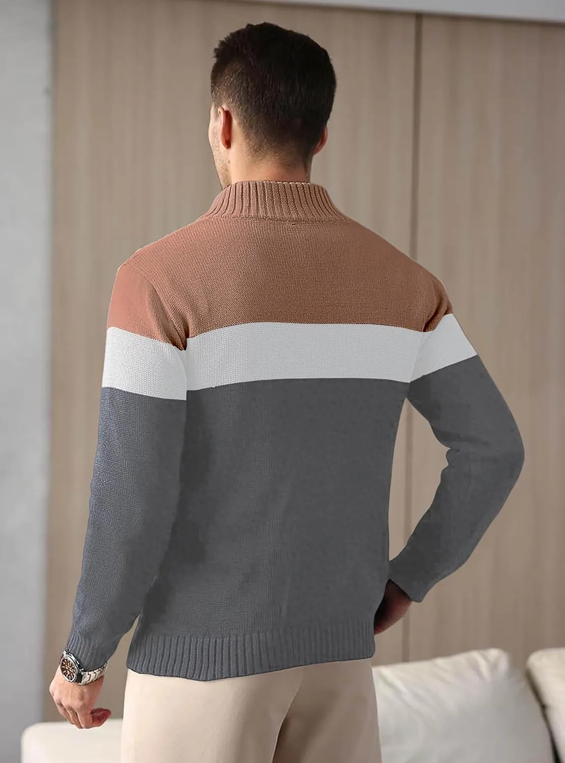 HYPESTFIT Men's Tri-Button Pullover Sweater Mock Neck Lightweight Casual Fashion Knitted Henley Sweater