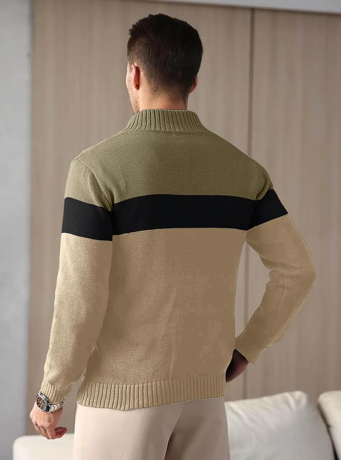 HYPESTFIT Men's Tri-Button Pullover Sweater Mock Neck Lightweight Casual Fashion Knitted Henley Sweater