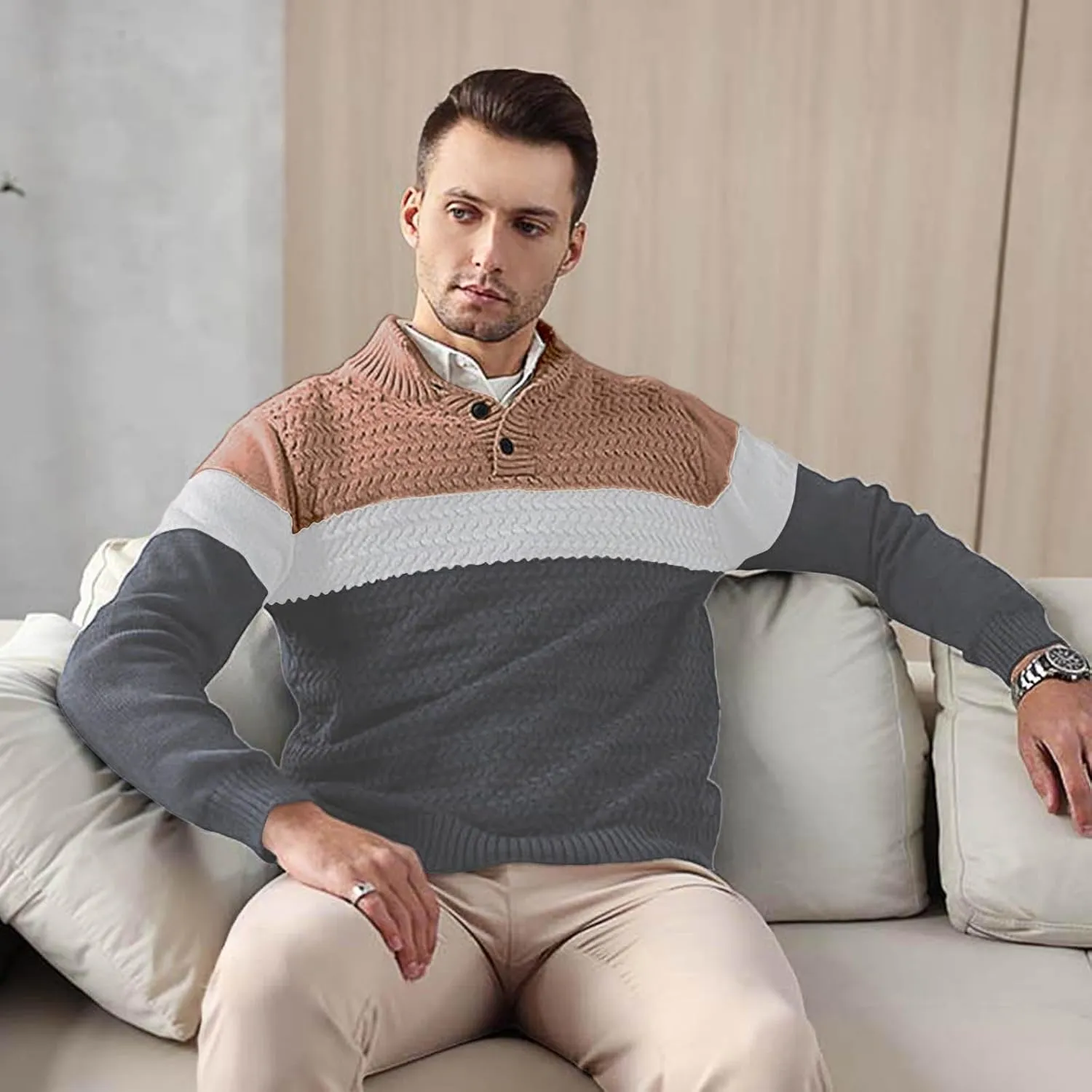 HYPESTFIT Men's Tri-Button Pullover Sweater Mock Neck Lightweight Casual Fashion Knitted Henley Sweater