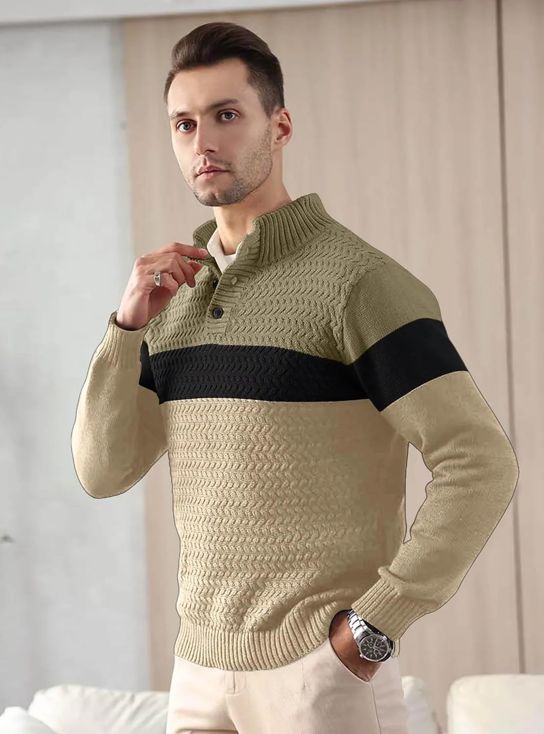 HYPESTFIT Men's Tri-Button Pullover Sweater Mock Neck Lightweight Casual Fashion Knitted Henley Sweater