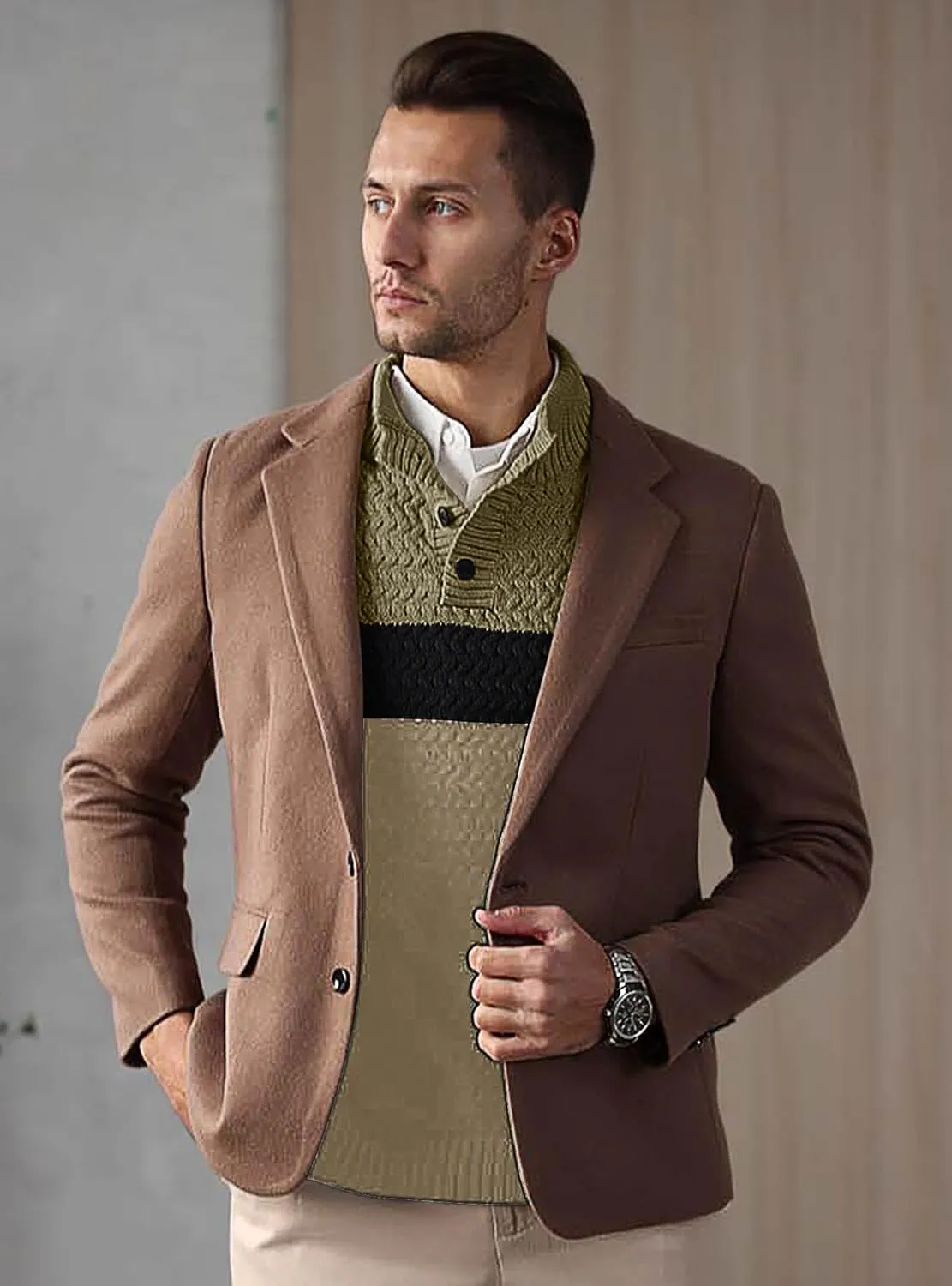 HYPESTFIT Men's Tri-Button Pullover Sweater Mock Neck Lightweight Casual Fashion Knitted Henley Sweater