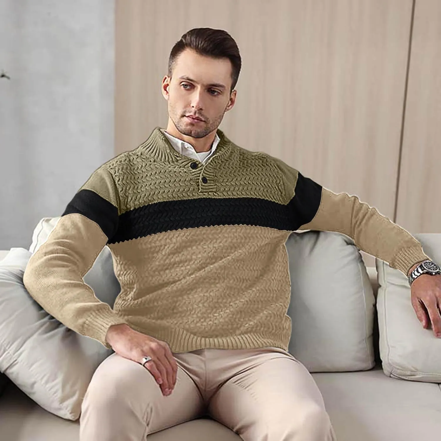 HYPESTFIT Men's Tri-Button Pullover Sweater Mock Neck Lightweight Casual Fashion Knitted Henley Sweater