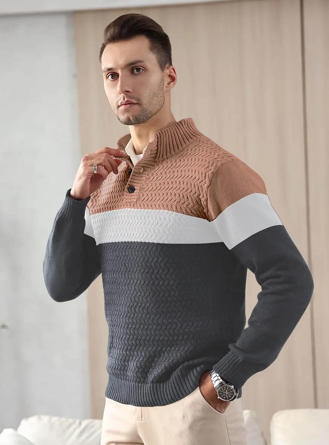 HYPESTFIT Men's Tri-Button Pullover Sweater Mock Neck Lightweight Casual Fashion Knitted Henley Sweater