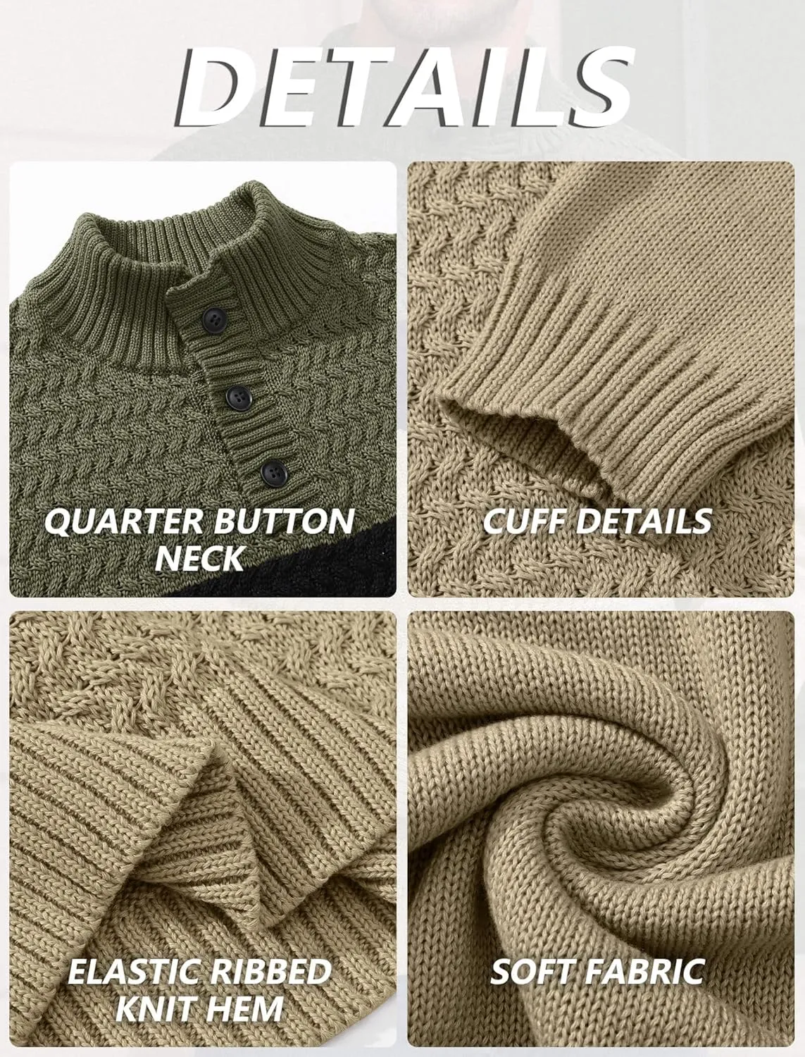 HYPESTFIT Men's Tri-Button Pullover Sweater Mock Neck Lightweight Casual Fashion Knitted Henley Sweater