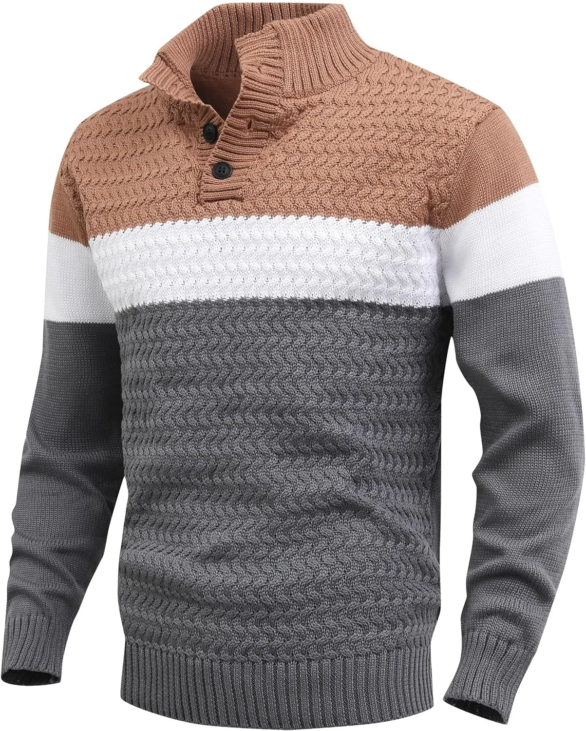 HYPESTFIT Men's Tri-Button Pullover Sweater Mock Neck Lightweight Casual Fashion Knitted Henley Sweater