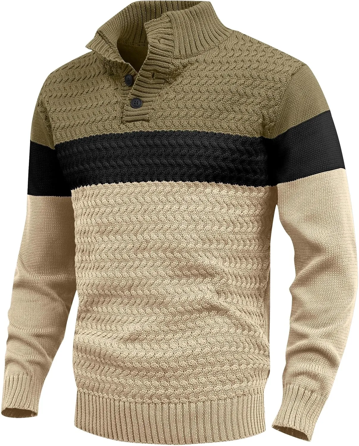 HYPESTFIT Men's Tri-Button Pullover Sweater Mock Neck Lightweight Casual Fashion Knitted Henley Sweater