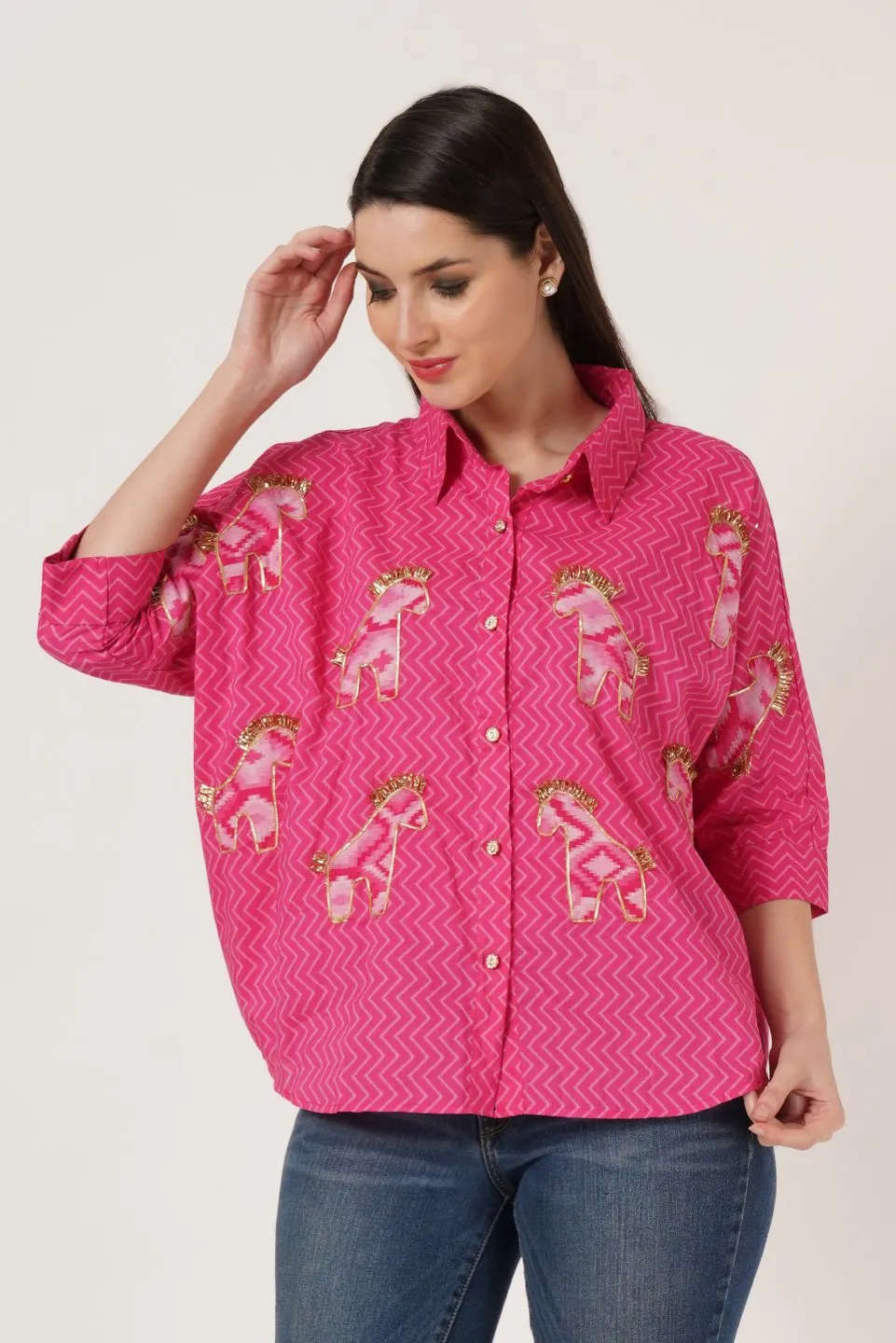 Jaipuri Cotton Zigzag Oversized Shirt for Women